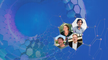 Zusammenschnitt aus vier Porträtfotos mit hexagonaler Molekülstruktur im Hintergrund als Vorschau-Collage.